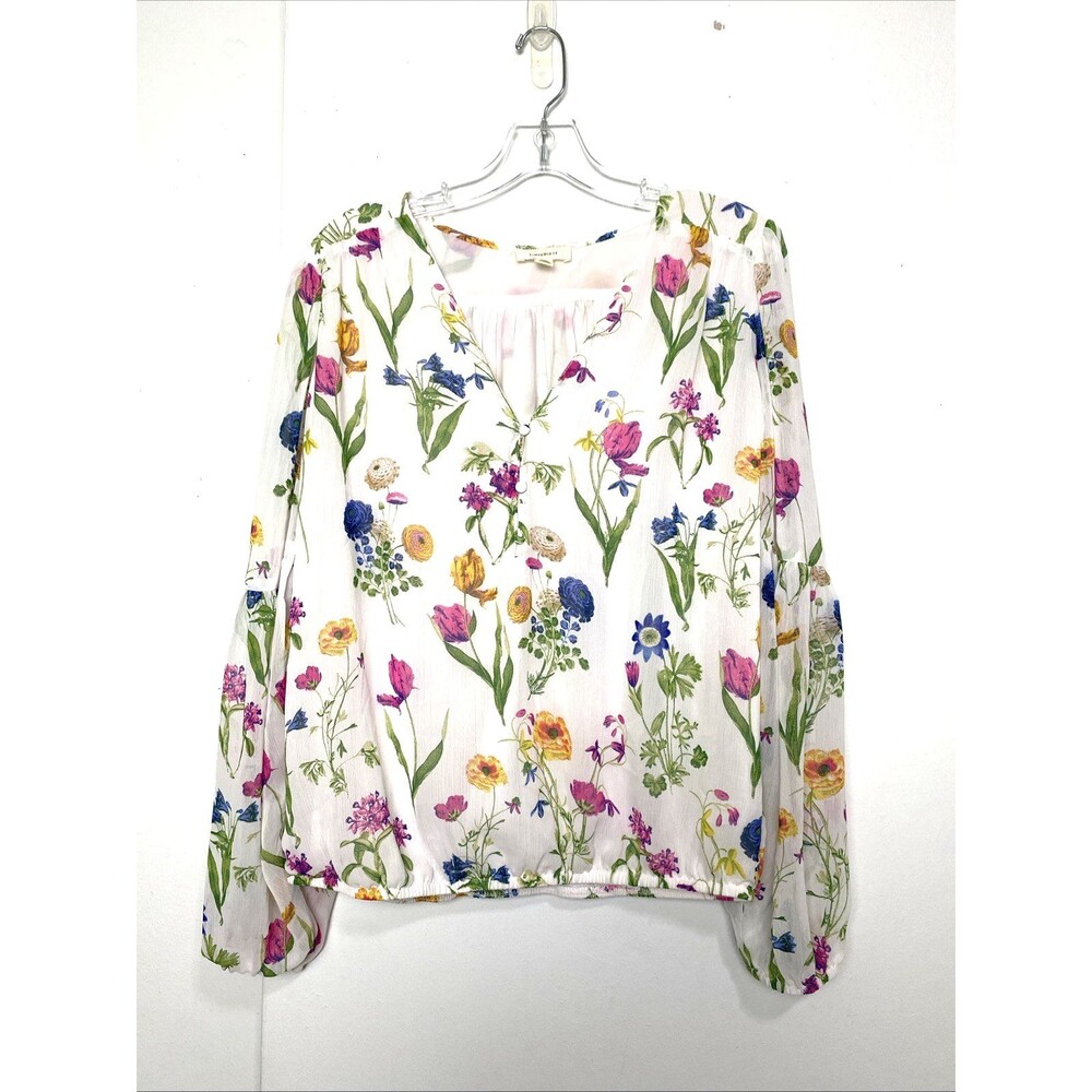 Tamara H Blouse Womens Size L White Floral Top Lined Long Bubble Sleeves Boho